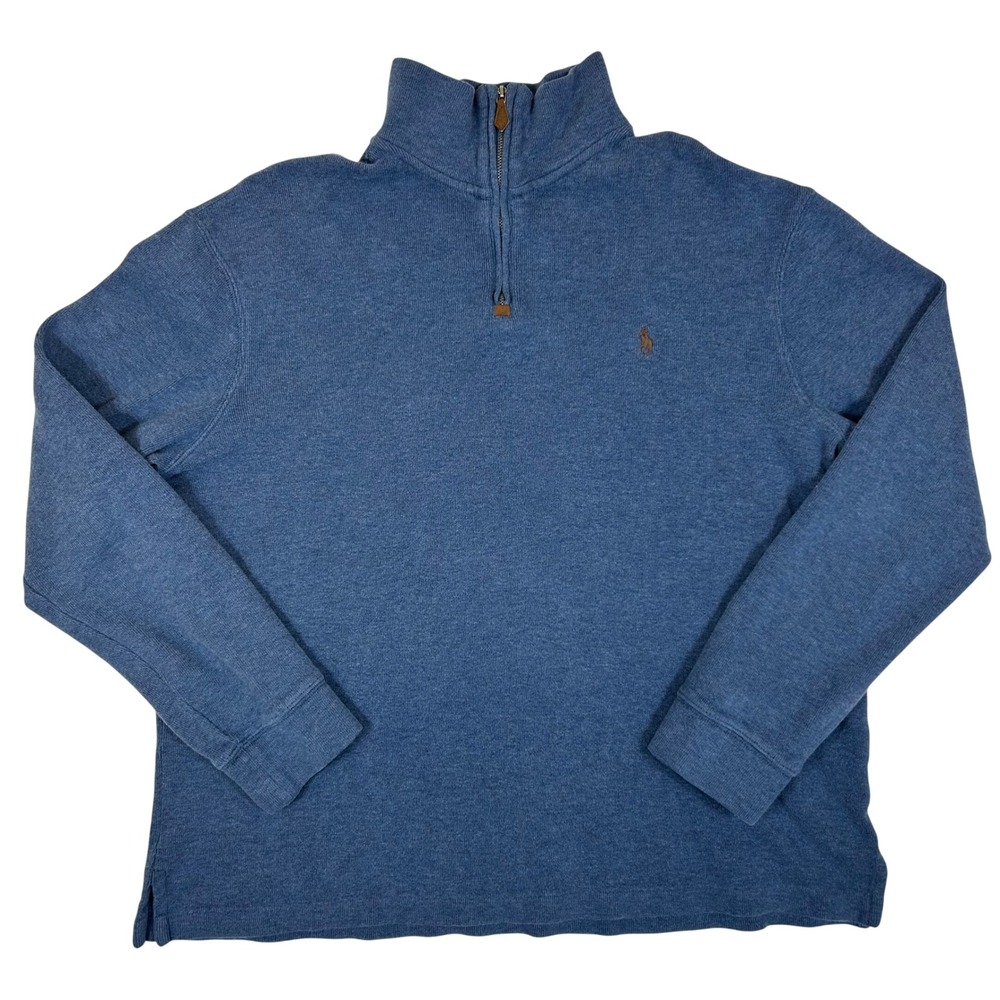 Polo Ralph Lauren Mens XL Blue Heather Quarter Zip Cotton Knit Pullover Sweater